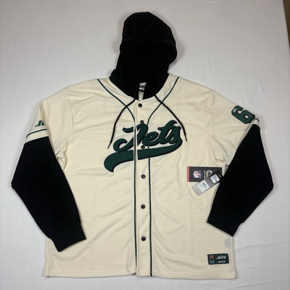NWT NFL New York Jets Hooded Baseball Jersey Cream Black Men's XL